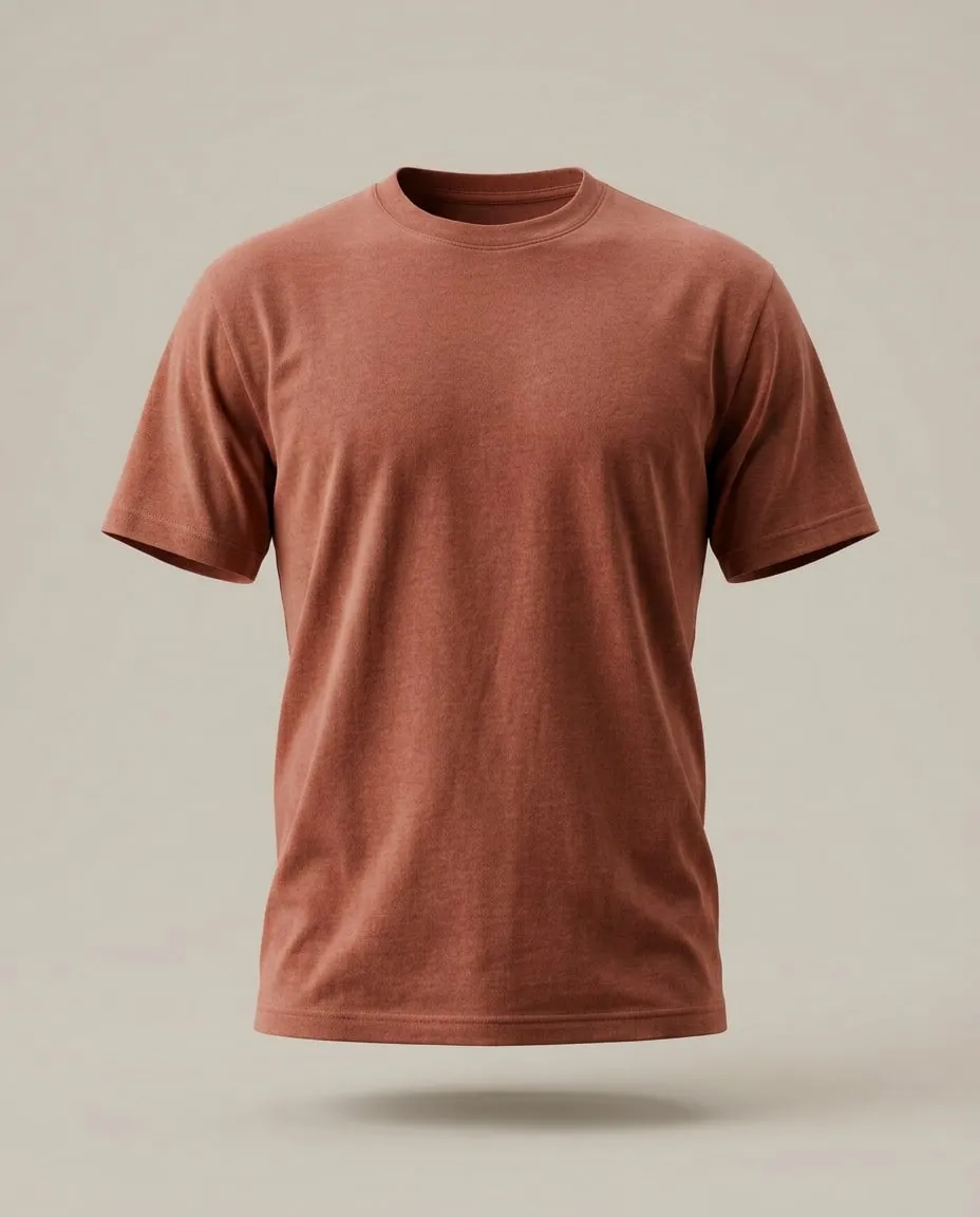 Le T-shirt Essentiel rouge brique, de face, comme porté, sur un fond de pierre claire