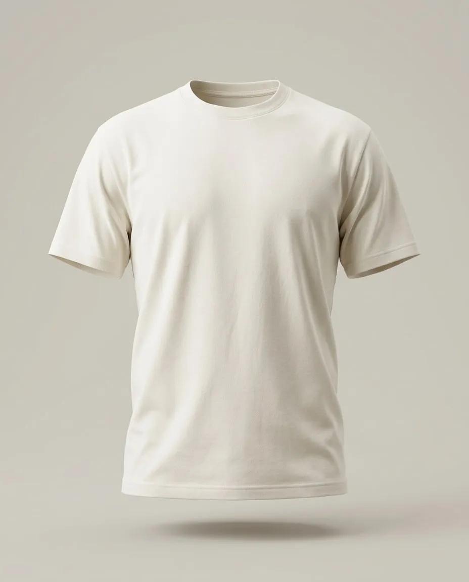 Le T-shirt Essentiel écru, de face, comme porté, sur un fond de pierre claire