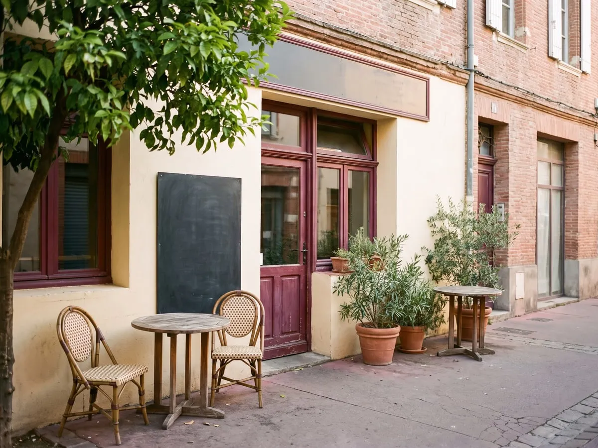La devanture du bistrot : façade crème, porte bordeaux, deux tables sous un tilleul et l’ardoise du jour posée contre le mur