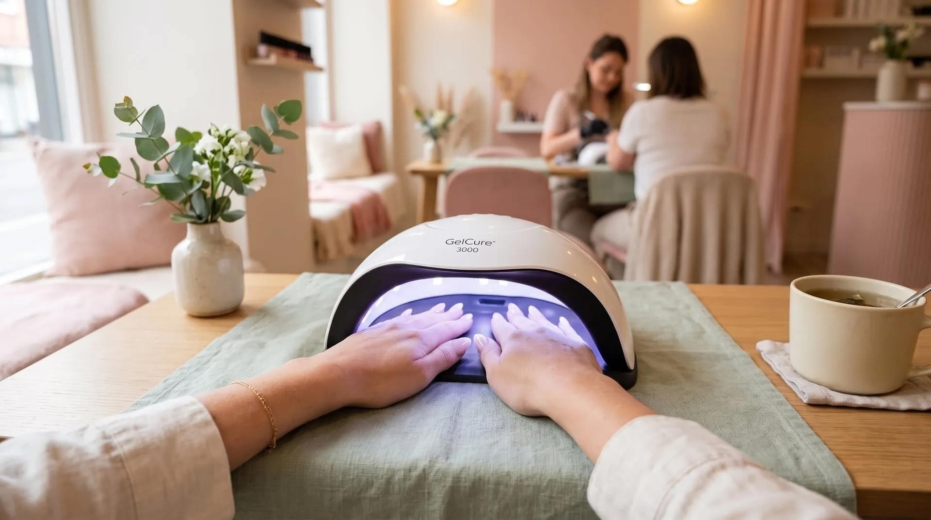 Vue de la cliente : ses deux mains glissées sous une lampe UV blanche, sur la table du salon