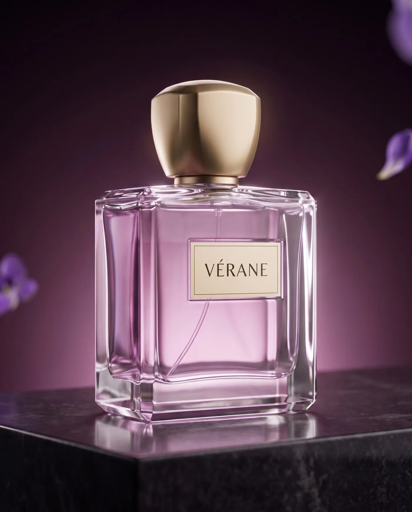 Le flacon de Violette de Minuit, parfum rose violine et bouchon doré, sur une pierre sombre, des pétales de violette sur un fond prune